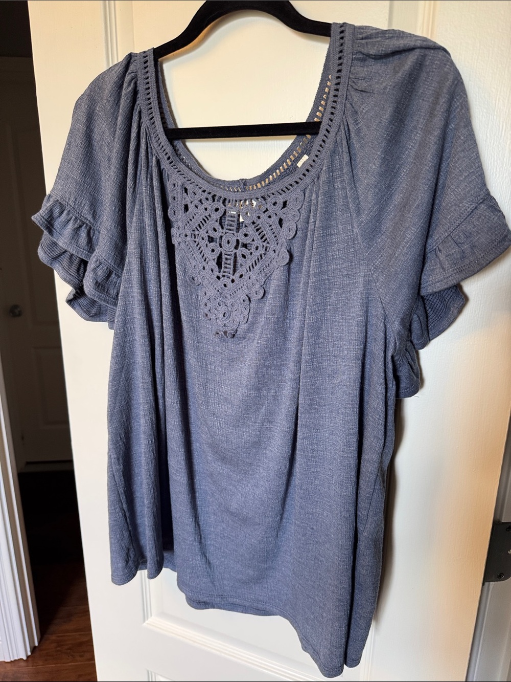 Max Studio Slate Blue Crochet-Trim Short Sleeve Blouse